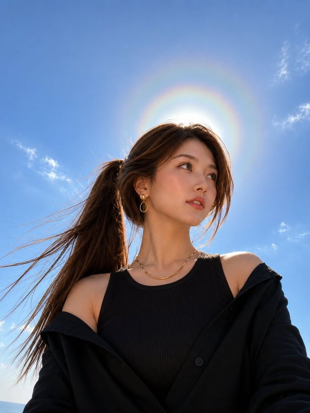 A stunning ultra-realistic low-angle portrait of a beautiful young woman standing outdoors beneath a
