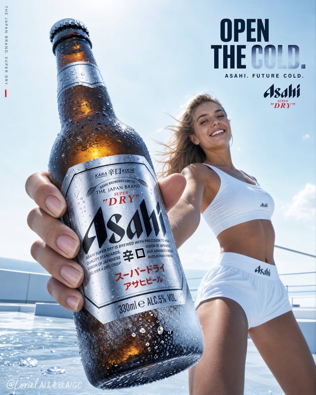 Create the second poster in the same ultra-premium Asahi beer campaign series, combining the tactile