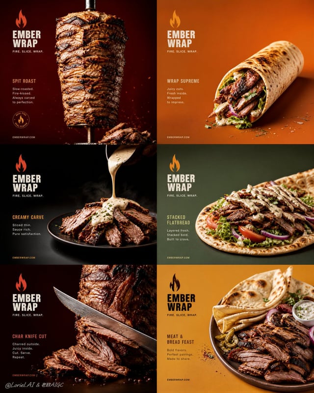 Create an ultra-premium 2x3 six-panel commercial poster for a fictional grilled-meat brand called EM