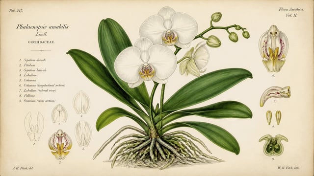 Scientific botanical illustration of [Plant Name], highly detailed leaves, petals, roots, natural co