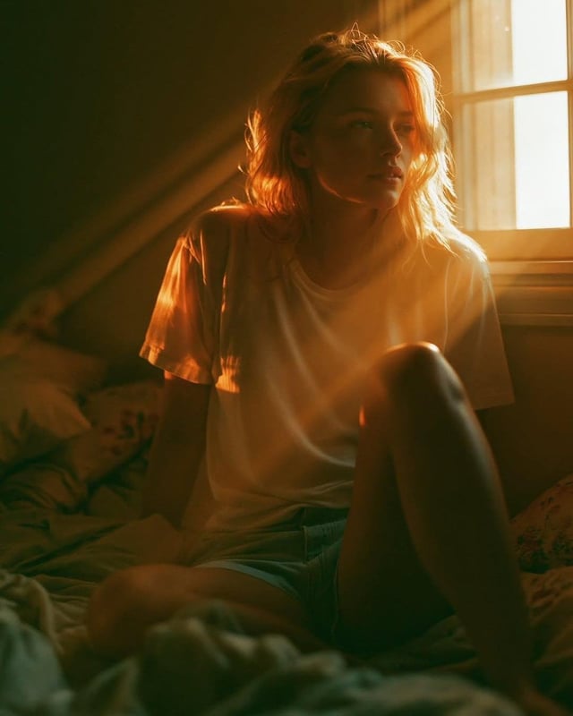 Photorealistic bedroom scene in warm late-afternoon sunlight, a naturally beautiful young woman sitt