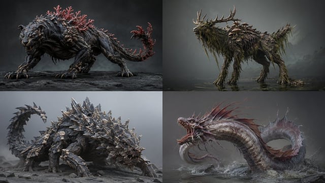 2x2 grid, 16:9 ai infers<role>lead creature concept artist for a aaa bestiary. anatomy must look evo