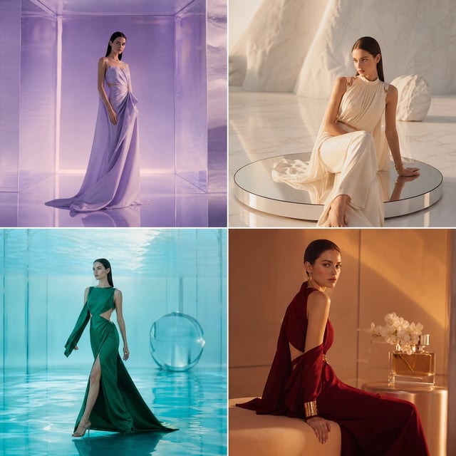 2x2 grid collage of four unique ultra-realistic luxury fashion editorial photographs.