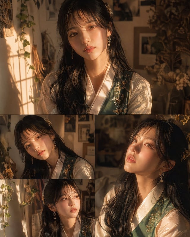 A stunning close-up portrait collage of a young Korean woman with long flowing black hair, wearing a