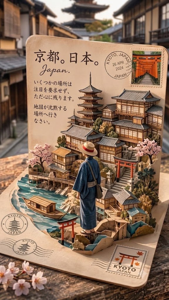 A highly detailed 3D pop-up postcard diorama of Kyoto, Japan, featuring layered papercraft tradition