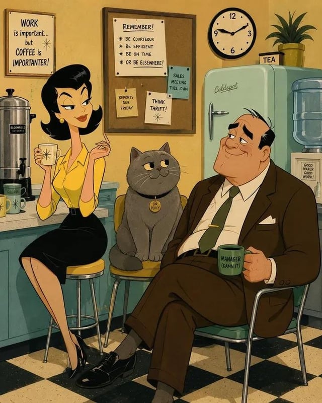 Mid-century theatrical cartoon still featuring [Character], with [Hair Type], wearing [Clothing], an