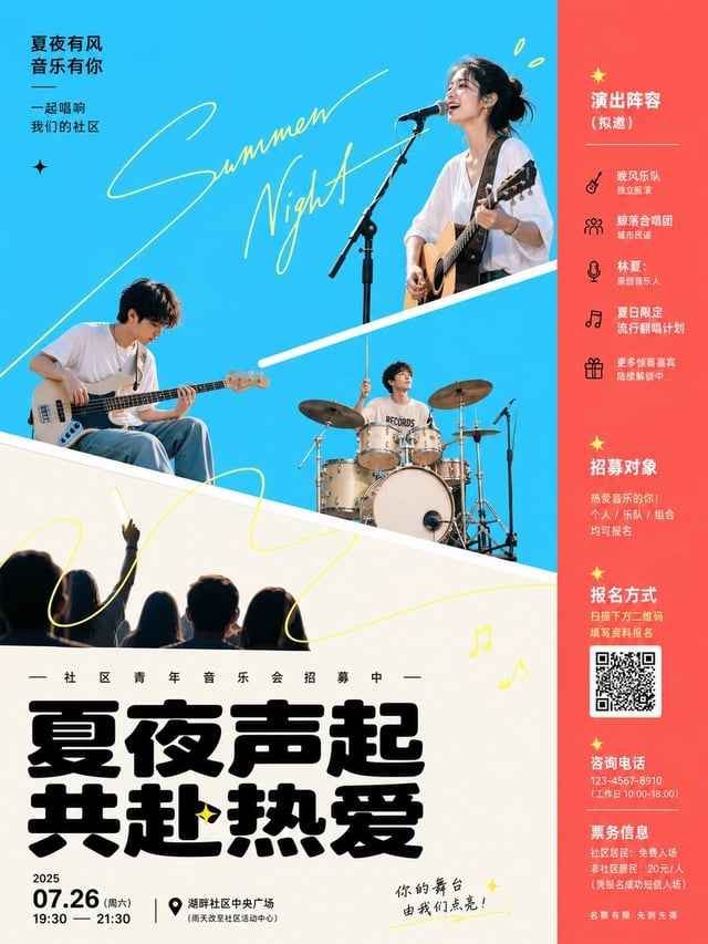 围绕[主题对象]，采用明亮洁净的演出式图文海报处理：画面以大面积高明度纯色平场建立第一眼冲击，主题派生的主色承担主要开放背景，辅助色以更深或更暖的饱和色压在一侧形成窄竖栏或底部承重块，浅亮色作为前景台