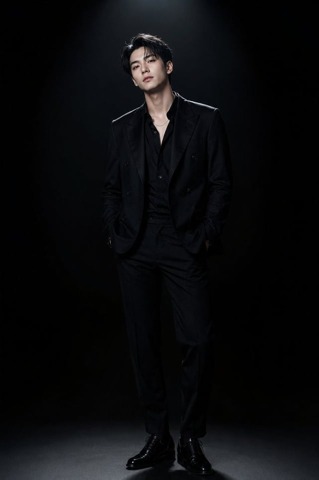 An ultra-realistic high-fashion studio photoshoot of a handsome young Korean man in his early 20s, c