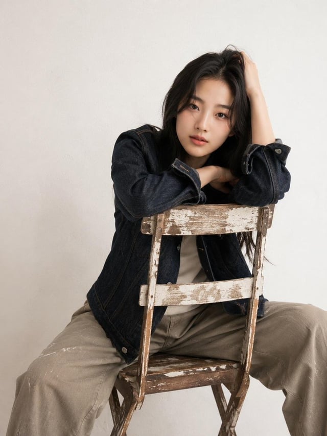 Create a restrained studio fashion portrait with an exact vertical aspect ratio of 736:981 in a full
