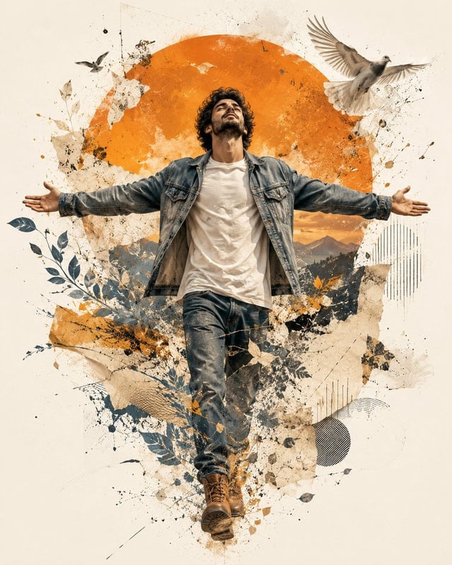 A premium contemporary mixed-media editorial illustration featuring a young man confidently walking 