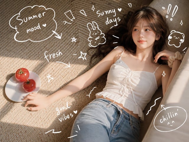 以参考人物为主体，生成一组夏日居家写真。人物是一位 20多岁的成年东亚女性，长棕黑色自然卷发，轻薄空气刘海，五官清秀可爱，皮肤保留真实细腻纹理，淡妆、自然腮红、清透唇色，眼神灵动，表情俏皮但不夸张。