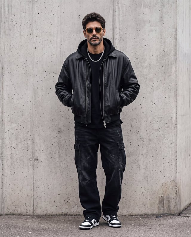 Ultra-realistic editorial fashion portrait of the person in refrence, standing casually against a sm