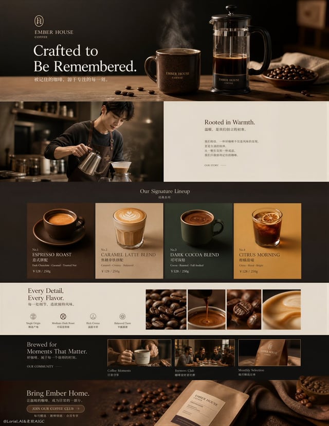 Create an ultra-premium long-form e-commerce landing page poster for a self-invented coffee brand co