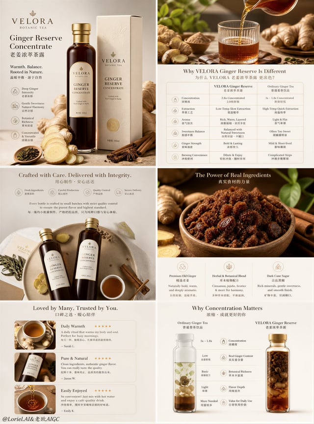 Create an ultra-premium e-commerce detail-page sales poster for a self-invented tea beverage brand, 
