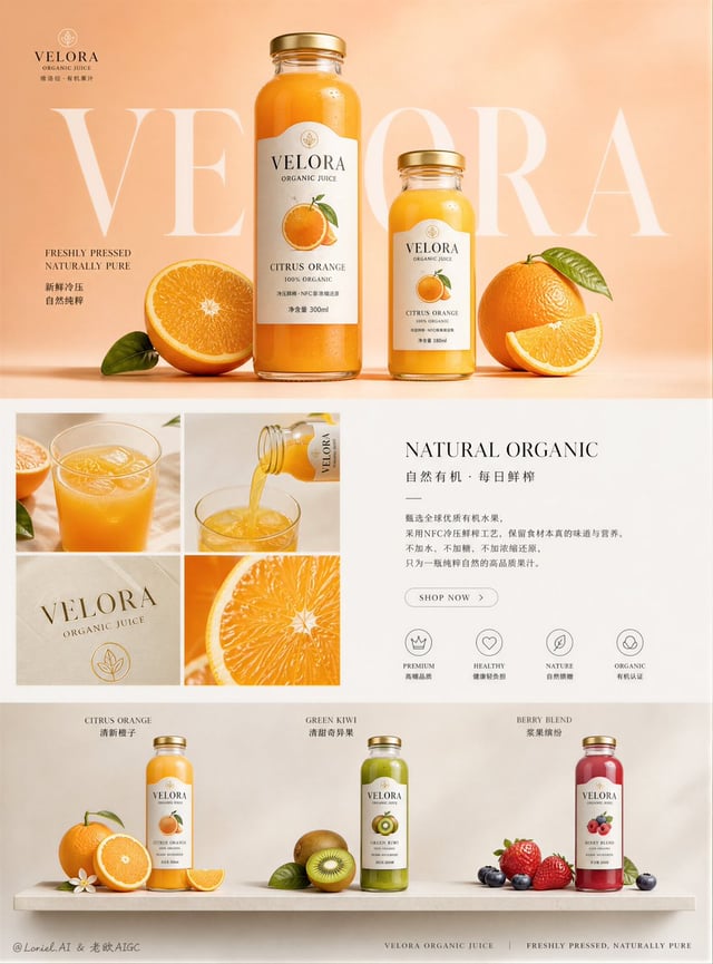 Create an ultra-premium e-commerce detail-page sales poster for a self-invented juice beverage brand