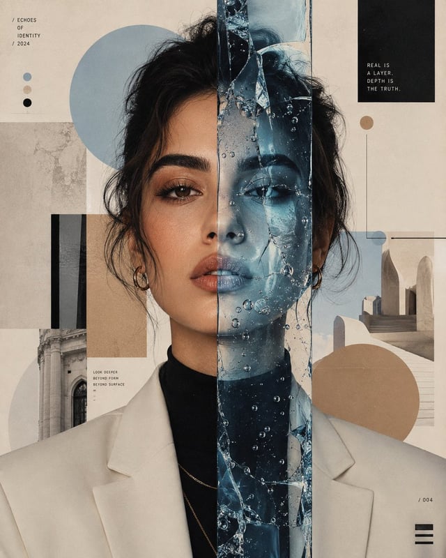 Create a museum-quality surreal editorial portrait of a striking young woman in a perfectly centered
