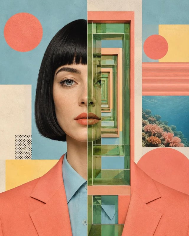 Create a contemporary editorial collage portrait that seamlessly merges fashion photography with mod