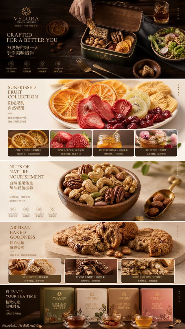 Create an ultra-premium e-commerce sales poster for a self-invented snack and convenience-food brand