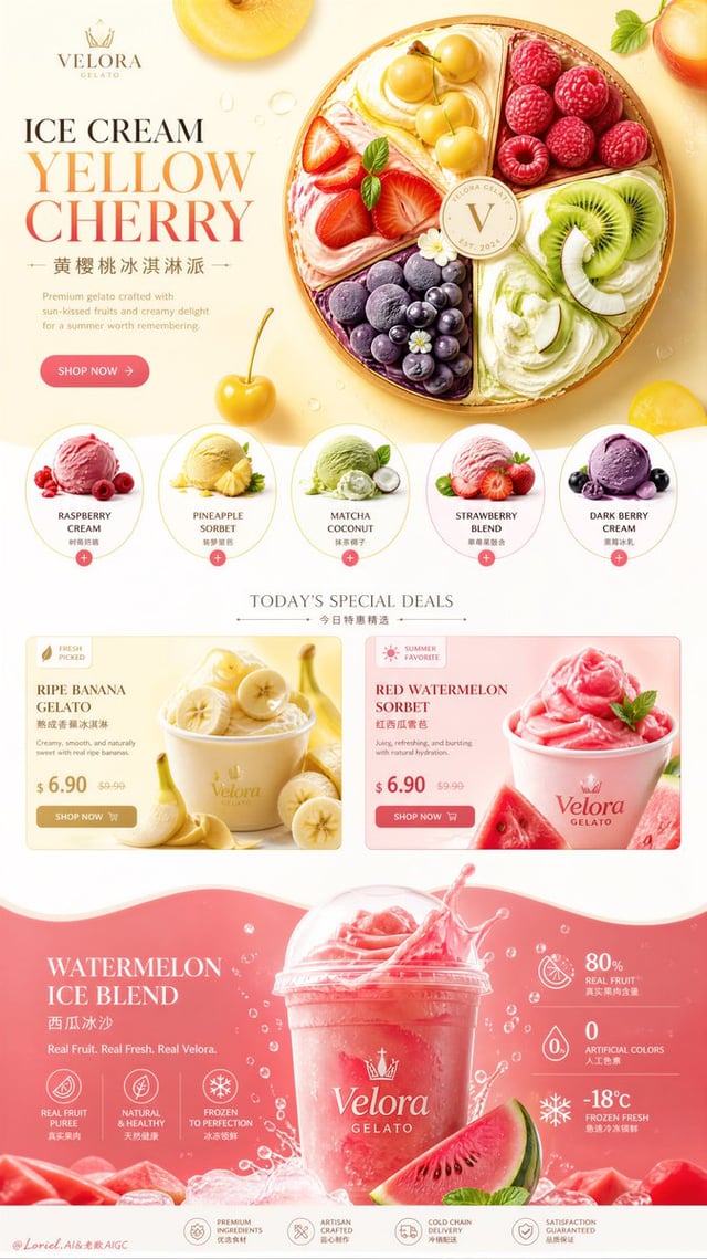 Create an ultra-premium ice cream brand e-commerce detail-page sales poster that merges Cream Halo T