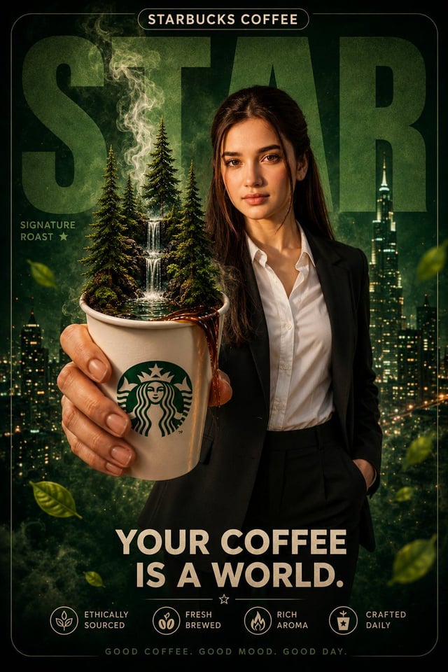 A premium cinematic Starbucks-style coffee advertising poster, featuring a confident young businessw