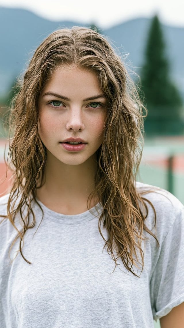 A photorealistic portrait of a stunning young woman on a tennis court. Her wet, wavy hair, light nat