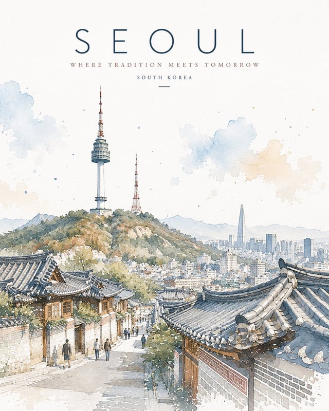 Minimalist watercolor travel poster illustration of [Location], elegant architectural sketch with ex