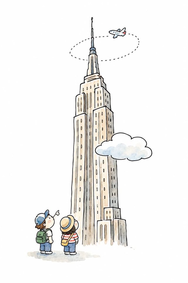 A minimalist hand-drawn doodle illustration of the Empire State Building rising tall and slightly cr