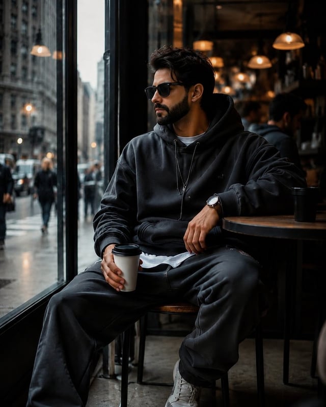 Ultra-realistic cinematic DSLR photograph of a stylish young man sitting inside a modern café by a l