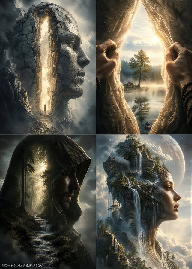 Create a same-series four-panel cinematic surreal fantasy composition in a strict 2x2 grid, fully pr