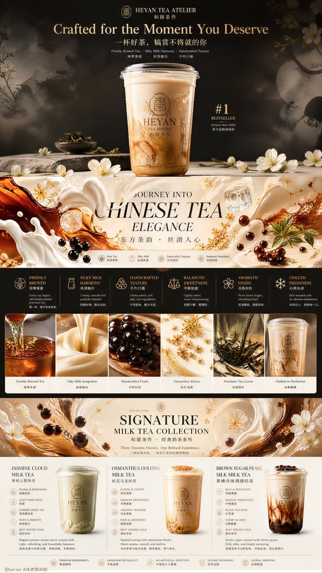 Create an ultra-premium Amazon bestseller homepage style milk tea product detail poster that strictl