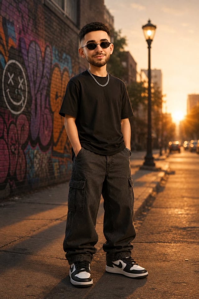 Transform this character into a stylish, realistic 3D cartoon with a modern streetwear aesthetic whi