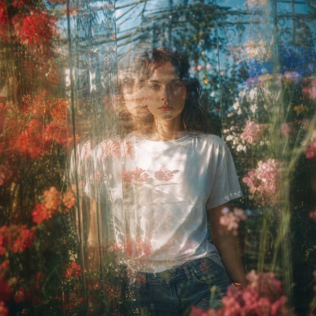 Photorealistic surreal editorial photograph of a naturally beautiful young woman viewed through a la