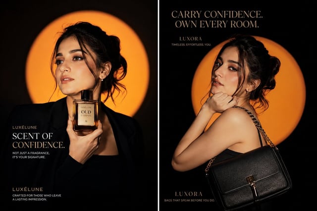 Create a viral luxury fashion advertising campaign featuring the same elegant young woman in two com
