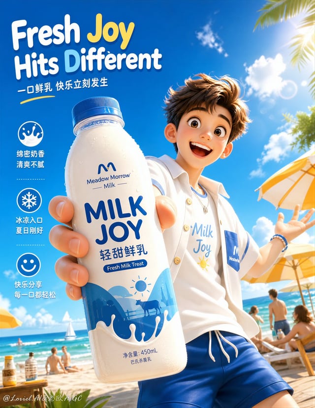 Create a premium flagship Amazon-style hero sales poster for a self-created fresh milk brand, strict