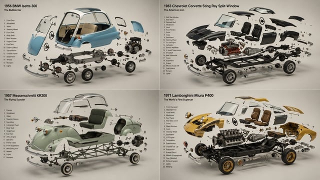 2x2 grid, 16:9, do this for 4 unusual classic cars that were real: INPUT ::= [Product]  STEP_1 :: in