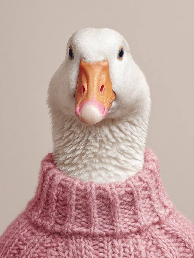 A portrait of a white goose wearing a knit [Color] sweater. Anthropomorphic photo. White background.