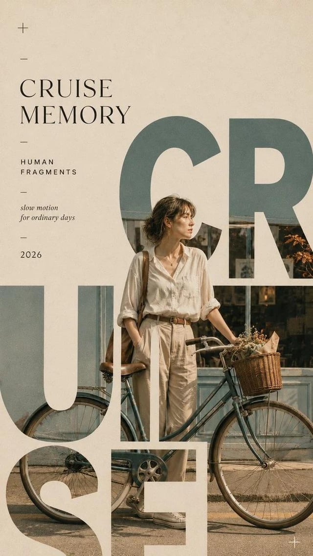Create a 9:16 editorial typography poster from a single human-centered lifestyle moment.