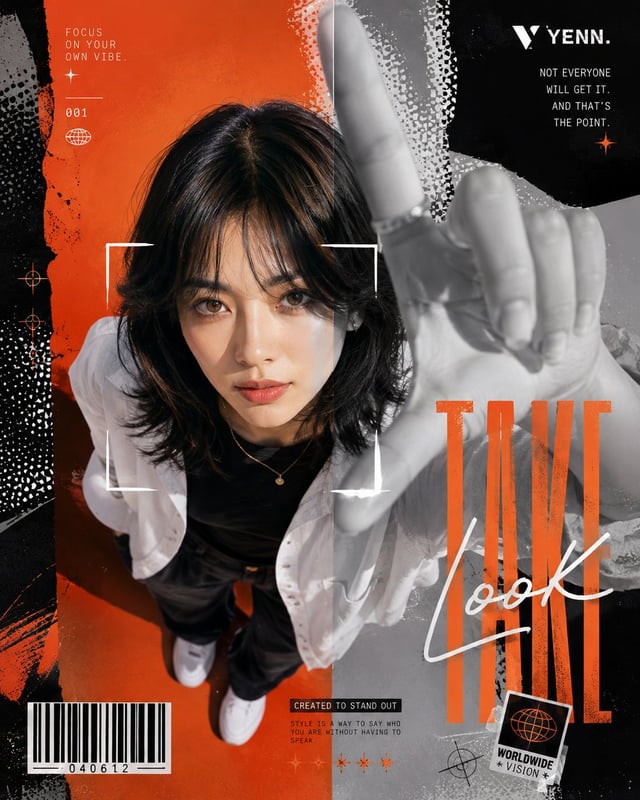 A modern editorial fashion poster in a bold Y2K streetwear graphic design style. 