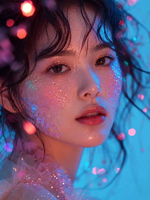 Ultra-realistic cinematic beauty portrait of a young East Asian woman, extreme close-up headshot, pe