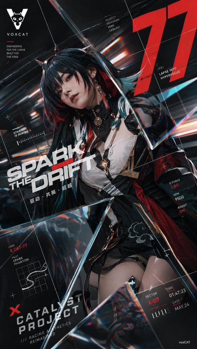 9:16 竖版实验赛车海报，以[Character Name]为主体，将角色设计为成年真人 COS 赛车驾驶员。完整保留角色原有的发型、配色、瞳色、饰品、能力符号与服装识别特征，将服装重新设计为贴身赛