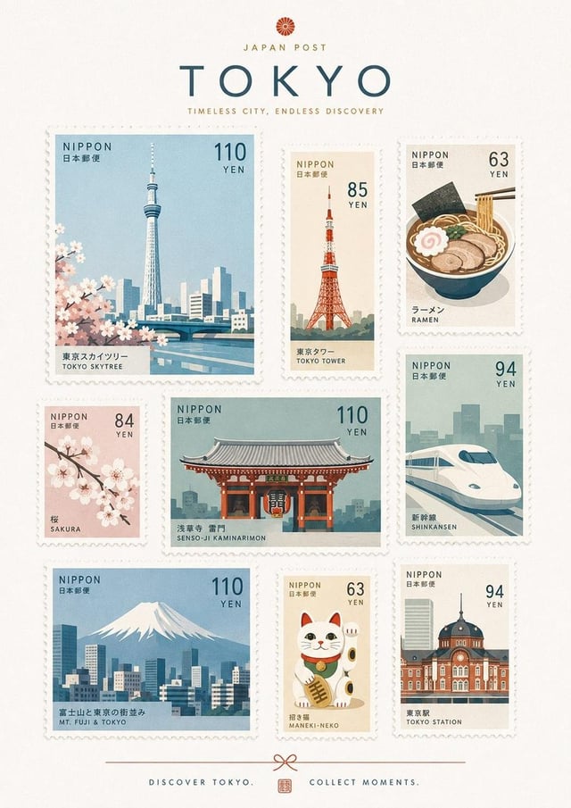 Create a premium commemorative postage-stamp collection inspired by [Destination], presented as a be