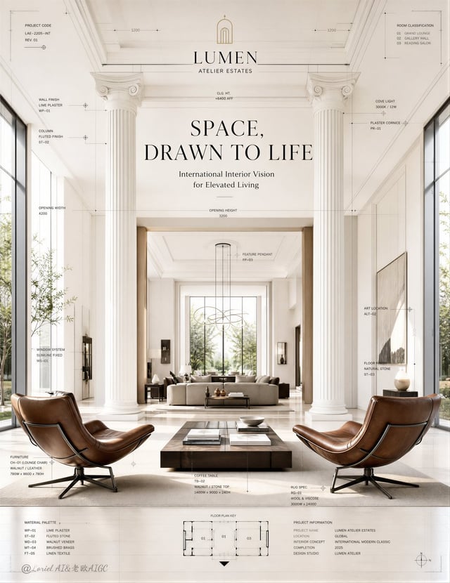 Create a world-class official real estate interior campaign poster for a self-created premium global