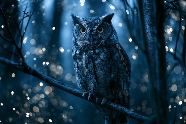 An Enchanted Forest scene with [Subject] surrounded by Firefly Bokeh, where glowing light orbs mimic