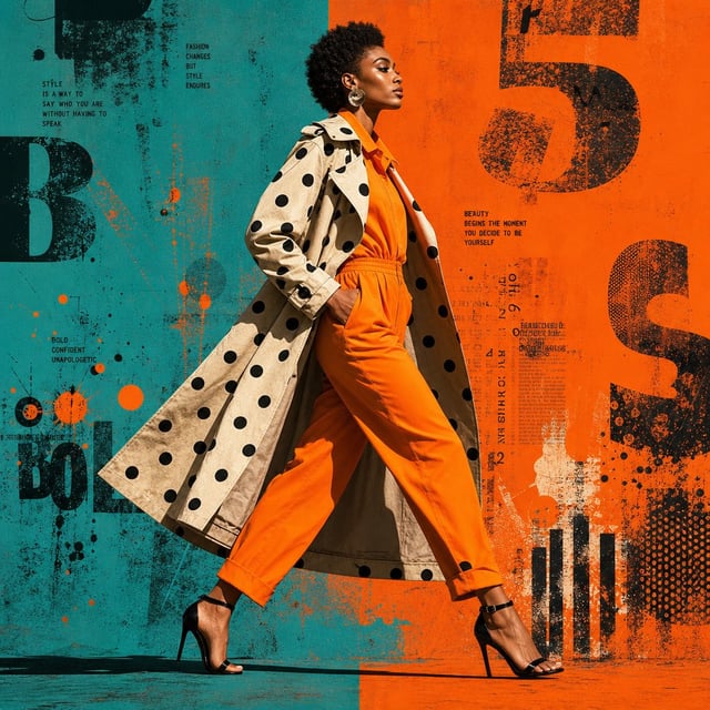 A stylish woman with a short, textured afro strides confidently in profile, wearing a structured tre