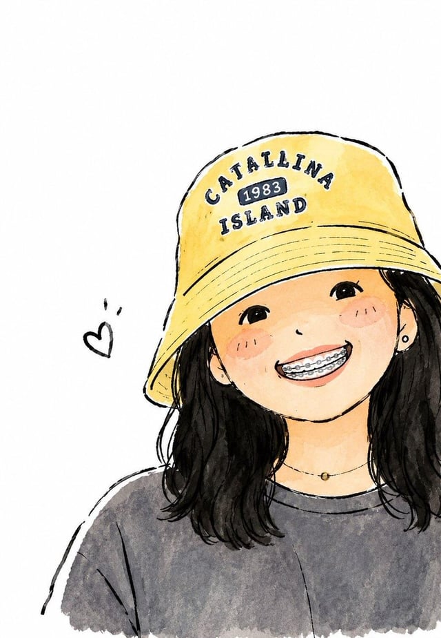 Cute watercolor anime portrait of a smiling young girl with shoulder-length black hair, wearing a br