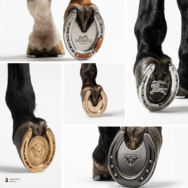 Create an ultra-detailed hyper-realistic surreal editorial photograph of a horse leg fitted with a b