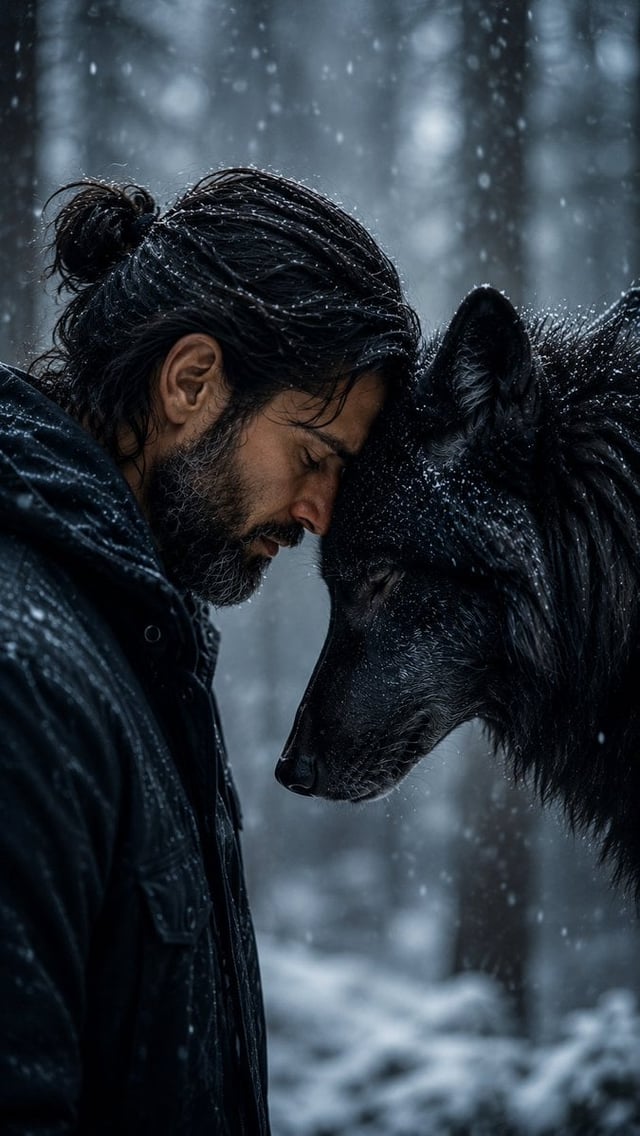 A hyperrealistic, cinematic close-up portrait of a man and a majestic black wolf in a snowy forest. 