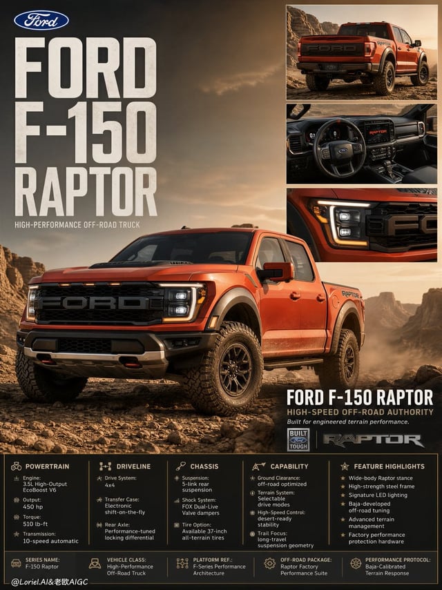 Create a world-class official premium automotive campaign poster for the Ford F-150 Raptor, designed