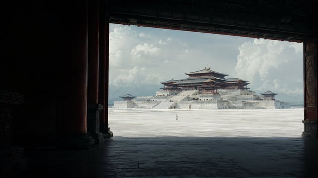 唐风幻想+幻想风+意境感， 宏伟中式建筑，云海，远处巨型月亮，16:9画幅，极致超广角，巨物，女性人物为视觉锚点（小），白鹭，极致留白，强烈的中式色彩对比。迎客松，电影级建筑画面，纹饰简约克制，柔光色