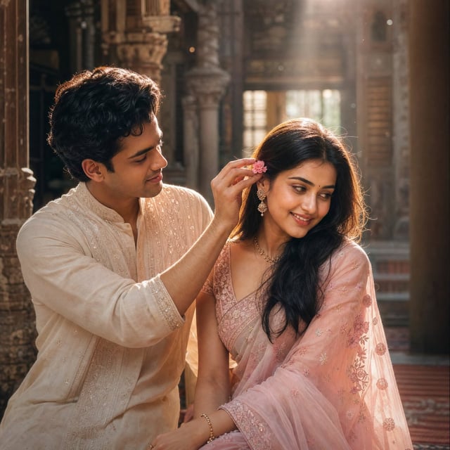 Ultra-realistic cinematic portrait of a young South Asian couple sharing a tender romantic moment in